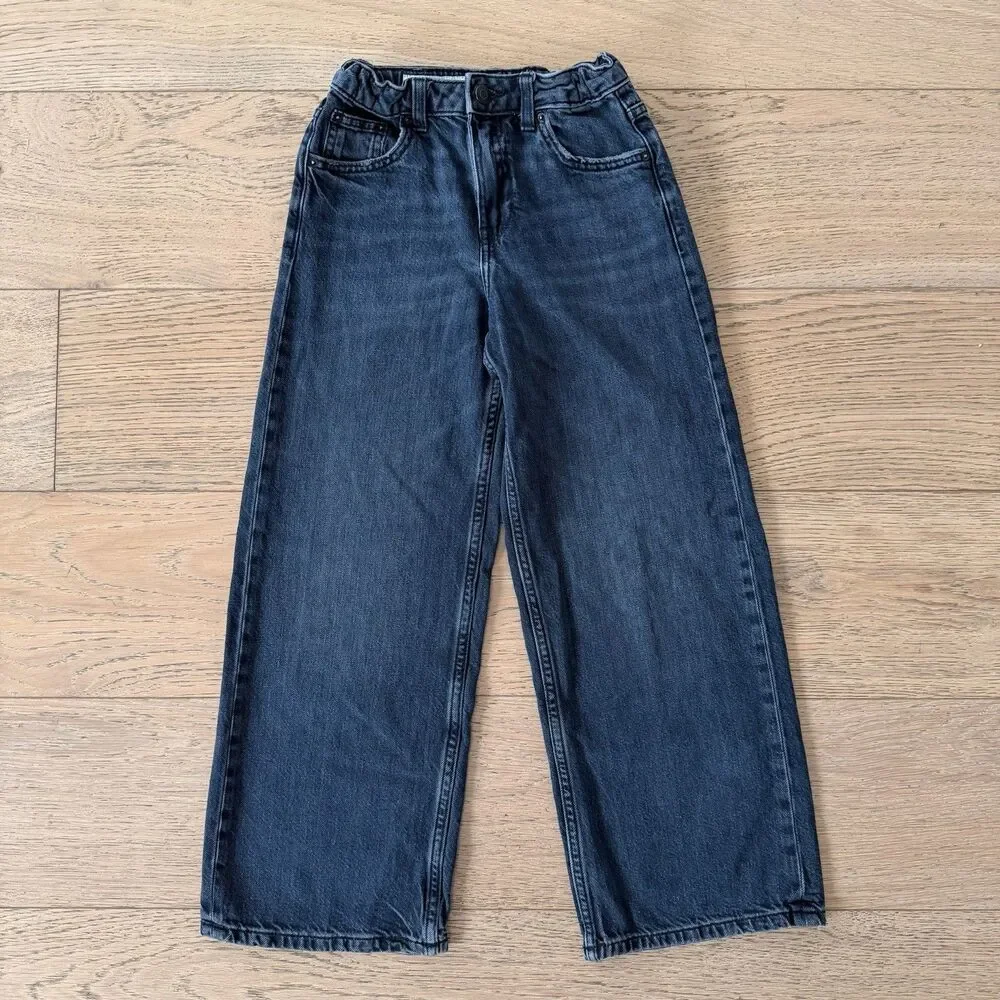 Zara Girls Size 10 Wide Leg Jeans Dark Wash Baggy Denim Adjustable Waist